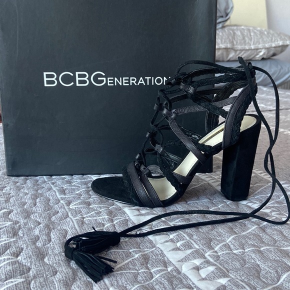 BCBGeneration Black Crisscross Lace-up Heels with Tassels - Picture 4 of 4